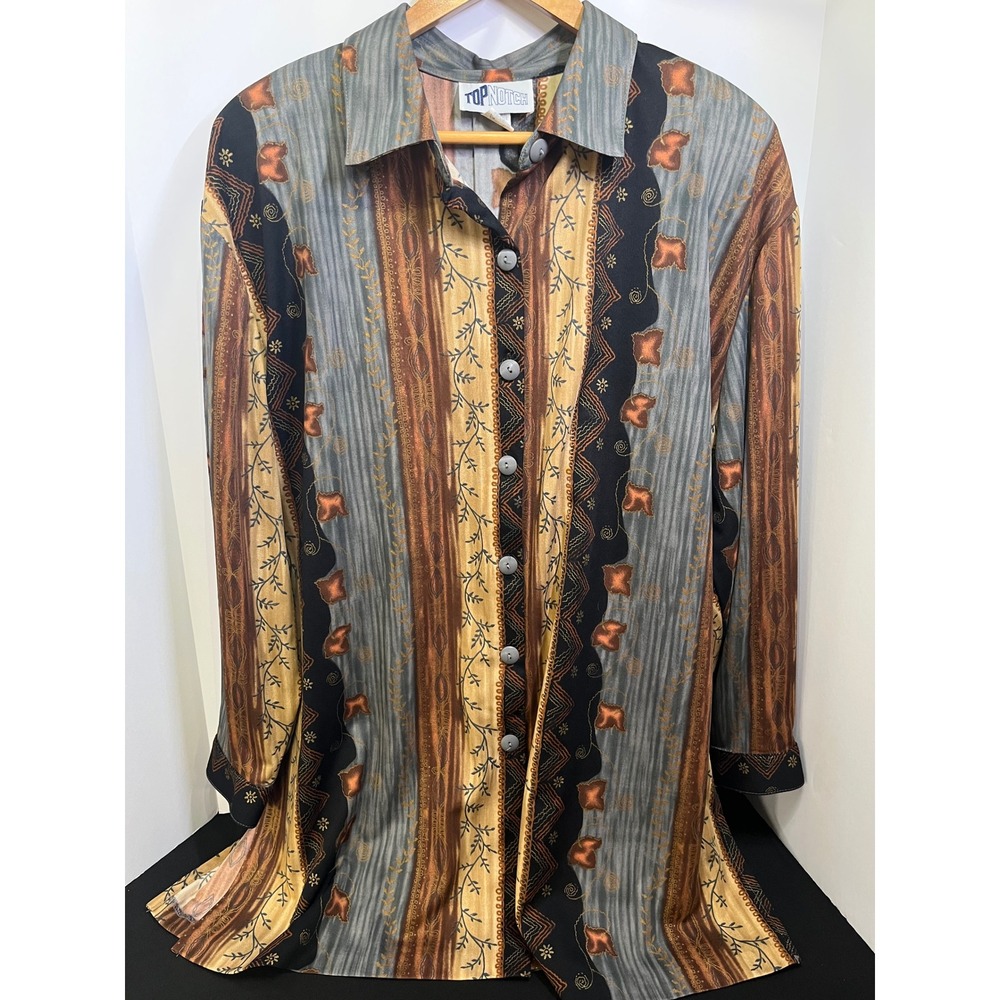 Top Notch Vintage Button Up Blouse Earth Tone Geometric Stripe Shoulder Pads L